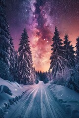 Winter Snow Landscape. Road to Colorful Sunrise Among Snowy Trees with Milky Way in Majestic Galaxy