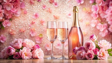 A bottle of sparkling rosé with two glasses, surrounded by pink flowers, set against an elegant, textured background.