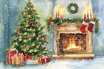 Sticker - A Christmas tree is surrounded by a mantle with a fireplace and stockings