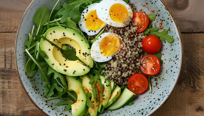 Poster - Diet menu. Healthy salad of fresh vegetables - tomatoes, avocado, arugula, egg, spinach and quinoa on a bowl. Flat lay. Top view