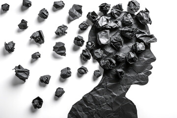 Wall Mural - Alzheimer, dementia, epilepsy and autism concept. Neurological disease with memory loss and confused mind. Silhouette of a human head made of black paper balls. Mental health awareness.