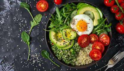 Poster - Diet menu. Healthy salad of fresh vegetables - tomatoes, avocado, arugula, egg, spinach and quinoa on a bowl. Flat lay. Top view