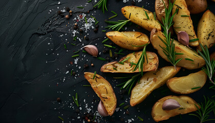 Wall Mural - Ruddy Baked potato wedges with rosemary and garlic on a dark background. Flat lay. Top view