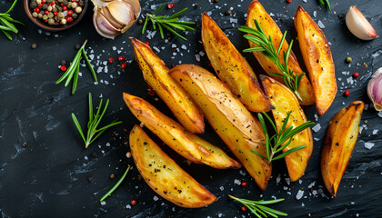 Wall Mural - Ruddy Baked potato wedges with rosemary and garlic on a dark background. Flat lay. Top view