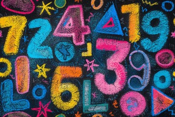 Colorful chalk numbers and symbols drawn on blackboard background