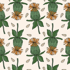 Wall Mural - Seamless pattern with Safflower flower, American saffron, thistle vector illustration. Repeating background with plants, branch of safflower fruits, grains. Natural dye, oil, cosmetic ingredient, food