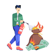 Canvas Print - Man controlling burning costs with fire extinguisher, flat illustration 

