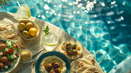 Poster - A table with a variety of food and drinks, including a glass of lemonade