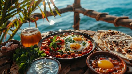 Poster - A table with a variety of food, including eggs, and a glass of beer