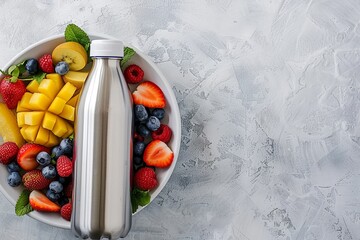 Sticker - A bottle of water sits next to a bowl of fruit