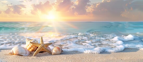 Poster - A starfish and some shells are on the beach