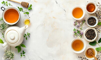 Poster - A white tea set is surrounded by various teas and flowers