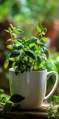 White Mug Filled with Fresh Herbs for Refreshing Natural Flavors