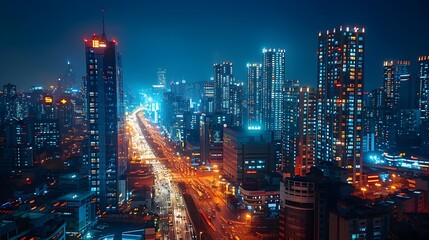 Poster - Vibrant Nighttime Cityscape with Illuminated Skyscrapers and Busy Streets