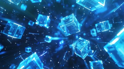 Canvas Print - Abstract Digital Network with Glowing Blue Cubes