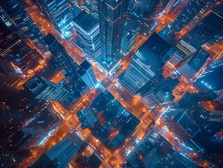 Wall Mural - Vibrant Aerial View of Illuminated City Skyscrapers and Grid of Bustling Night Streets