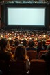 © pornsawan - People in the cinema auditorium with Cinema blank wide screen and red chairs in the cinema hall,People silhouettes watching movie performance,empty white screen,space for text.