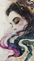 Wall Mural - Ethereal Woman with Flowing Hair and Gold Leaf Adornments on Marble; Vibrant Alcohol Ink in Pink, Purple, Blue, Black, and White