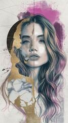 Canvas Print - Ethereal Beauty: A Mesmerizing Portrait with Gold Leaf and Marbled Face . A Symphony of Pink, Purple, Blue, Black, and White Ink Effects Delicately Highlighting Her Grace .