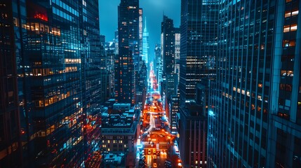 Poster - Vibrant Nighttime Cityscape with Illuminated Skyscrapers and Busy Streets