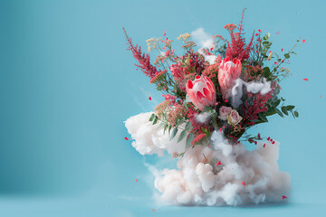 Cloud creative love concept of fresh Spring flowers in the sky background. Love, happy Valentine's Day an exploding bouquet ., women's day, Pastel blue background. Illustration. Generative AI