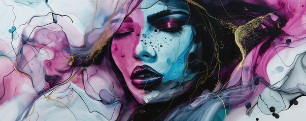 Wall Mural - Ethereal Beauty: Woman with Gold Leaf and Marble Face Amidst Vibrant Alcohol Ink Splendor