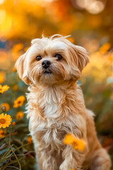 Sticker - A small dog sitting in a field of yellow flowers