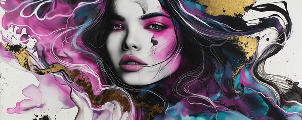 Wall Mural - Enchanted Beauty: Woman with Flowing Hair Adorned with Gold Leaf and Marble, Set Against a Vibrant Alcohol Ink Backdrop .