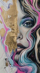 Wall Mural - Enchanting Portrait: Gold Leaf and Marble Adorned Face with Vivid Ink Swirls