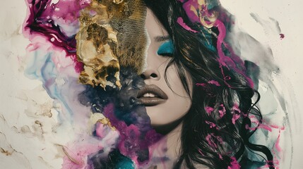 Sticker - Ethereal Vision: A Woman's Radiant Portrait with Gold Leaf and Marble Accents