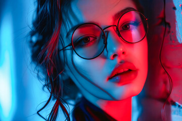 Canvas Print - A woman wearing a pair of glasses in a dark room.