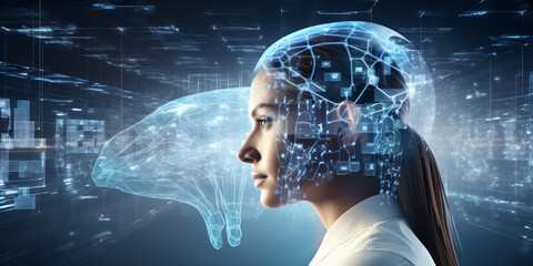 Poster - woman head with connections Innovative technologie background