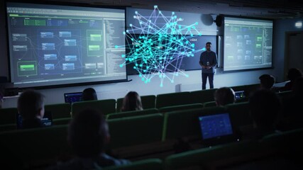 Fototapete - Male Teacher Using Augmented Reality Holographic Visuals to Explain AI Technology, Cloud Computing and Big Data in a High Tech Classroom. Students Engage with Interactive Data on Laptop Computers