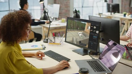 Multiethnic Interior Designer Working in an Architectural Design and Research Agency. Female Creating a Modern 3D Living Space for a Family, Working on a Living Room Layout, Setting Up a Couch