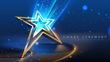 Wall Mural - Elegant 3D star display stand with sparkling decoration and bright blue spotlights. Ideal for award ceremonies, celebrations and recognition events. Vector illustration.