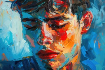 abstract oil painting portrait of young man, brush strokes, colorful, blue and red palette