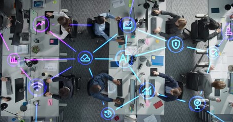 Leinwandbilder - Top Down View of Employees Working in Office, Utilizing Artificial Intelligence Productivity Tools. Holographic Interface Icons Visualize Interaction and Advanced Tech Integration Within the Team