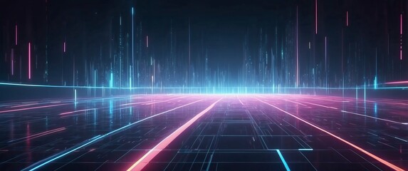 Wall Mural - A futuristic digital landscape featuring glowing lines and a grid, perfect for technology themes and sci-fi concepts.