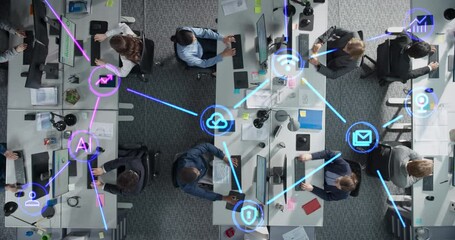 Leinwandbilder - Online Services Visualization in a Diverse Modern Office Environment. Top Down View on a Futuristic Animation with Different Technology Icons: Cloud Computing, Storage, Data Protection, Wi-Fi Internet