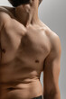 © Lustre Art Group  - Close up photo of athletic man shirtless, in black pants, displaying his toned physique in elegant pose against grey background. Concept of man's fashion and style, beauty and youth, masculinity.