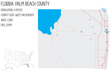  Large and detailed map of Palm Beach County in Florida, USA.