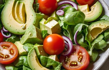 Healthy avocado and veggies salad, fresh delicious yummy healthy breakfast, rich in beneficial nutrients, source of monounsaturated fat and vitamin, antioxidants, healthy good fats and minerals