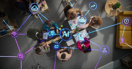 Leinwandbilder - Diverse Team Collaborating with AI Tools in a Modern Office Meeting Room. Top Down View Highlighting Dynamic Interaction and Advanced Technology Integration with Holographic Interfaces