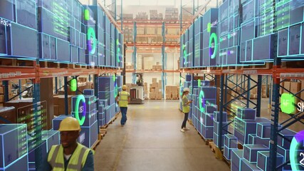 Robotic Vision Concept in a Warehouse: Workers Managing Inventory at Logistics Center. Holographic Data Overlays on Boxes and Providing Insights, AI Optimizing Productivity in a High Tech Environment