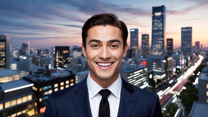 Smiling businessman in a suit standing in front of a skyline of modern skyscrapers .