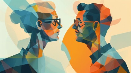 Abstract couple in profile, modern art style. Contemporary art digital illustration of a male and female silhouette in profile, depicted with abstract geometric shapes and vibrant colors.