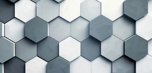 Wall Mural - a modern geometric design with overlapping hexagons in various shades of grey and white, creating a 