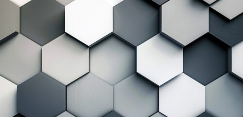 Wall Mural - a modern geometric design with overlapping hexagons in various shades of grey and white, creating a 