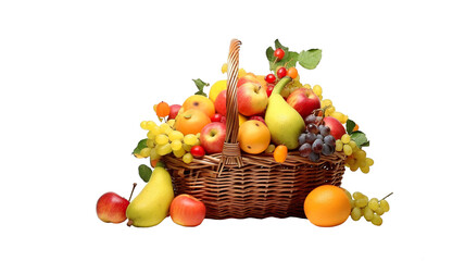 Wall Mural - Ripe fruits falling in traditional wicker basket isolated on a transparent background, png	