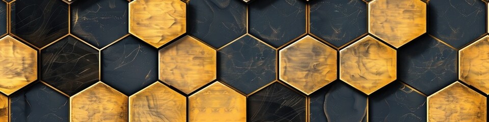 Wall Mural - A geometric pattern of overlapping hexagons in gold and black, adding a touch of sophistication to any wall.